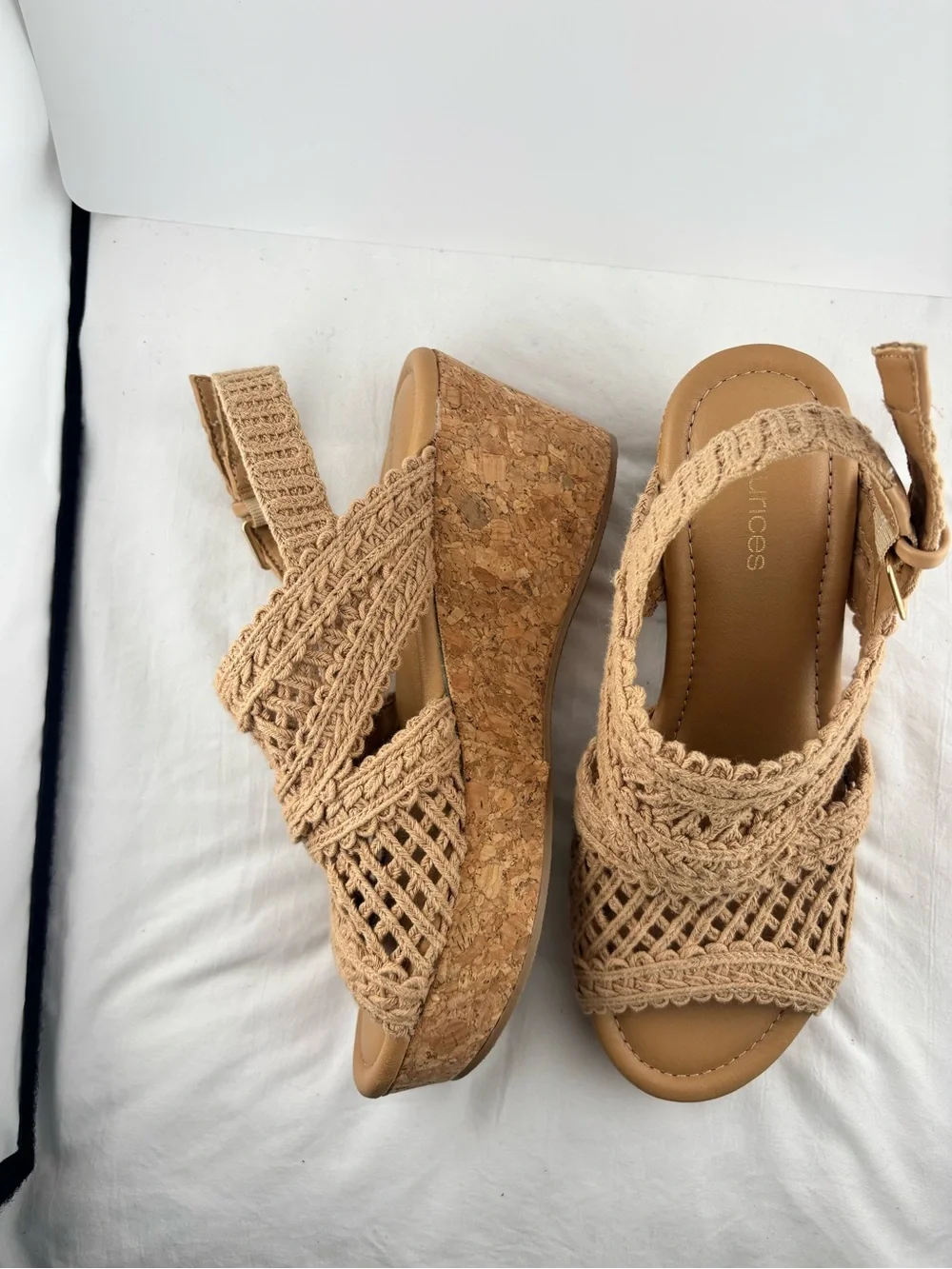 Maurices Tan Crochet Cork Platform Wedges